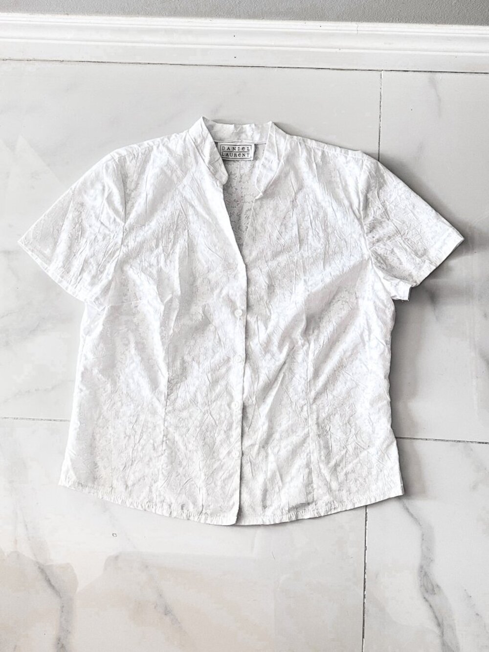 Vintage White Semi Sheer Floral Short Sleeve Button Down Blouse Cottagecore Top